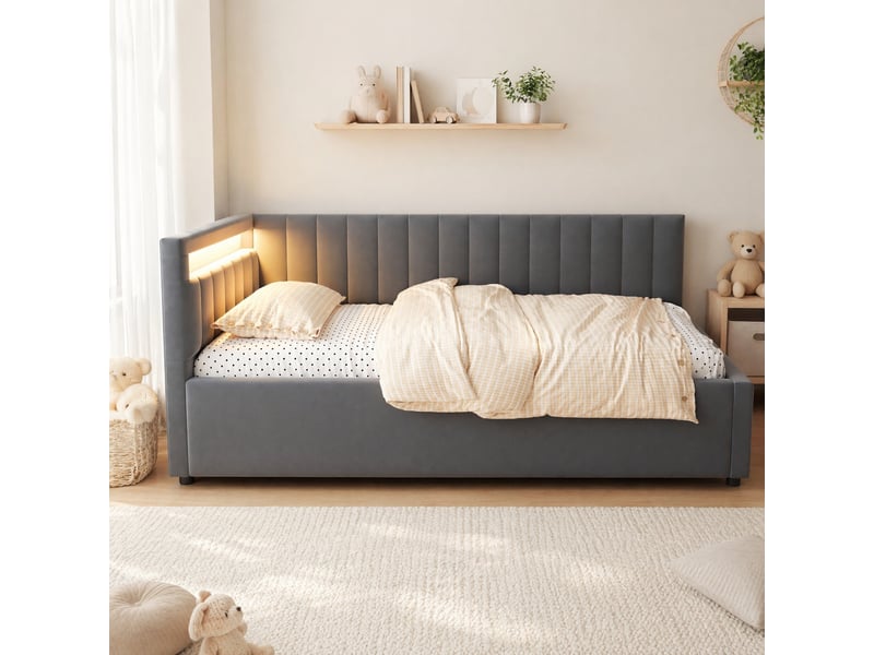  Lit banquette simple 90x200 cm en velours avec coffre hydraulique, led et dossier réversible, sans matelas, gris  - Conforama B