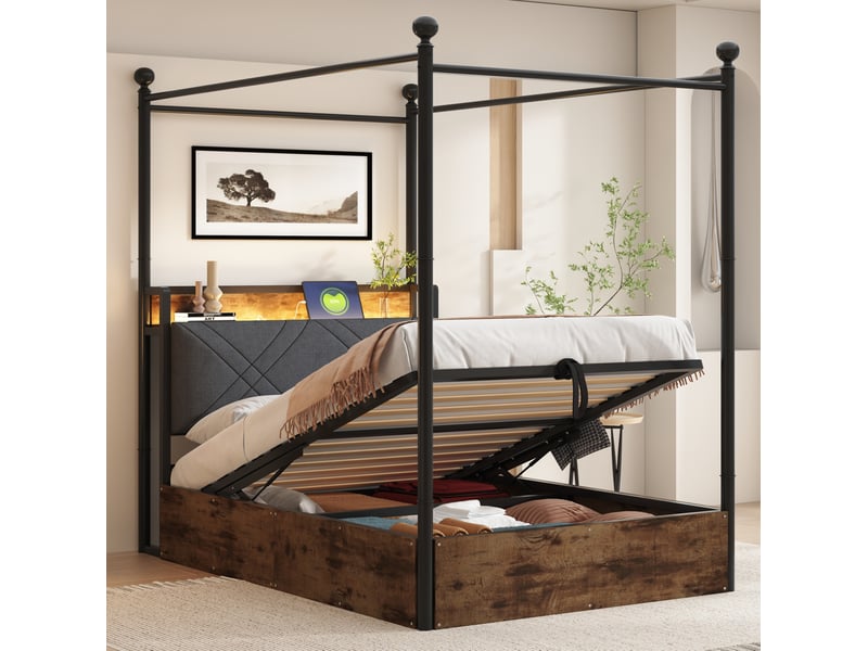  Lit simple 90x190 cm avec rangement hydraulique, led, usb-c et baldaquin noir  - Conforama B