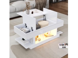 Table basse relevable 98x45x40 cm, led pilotable, rangements ouverts et fermés, panneau particules blanc