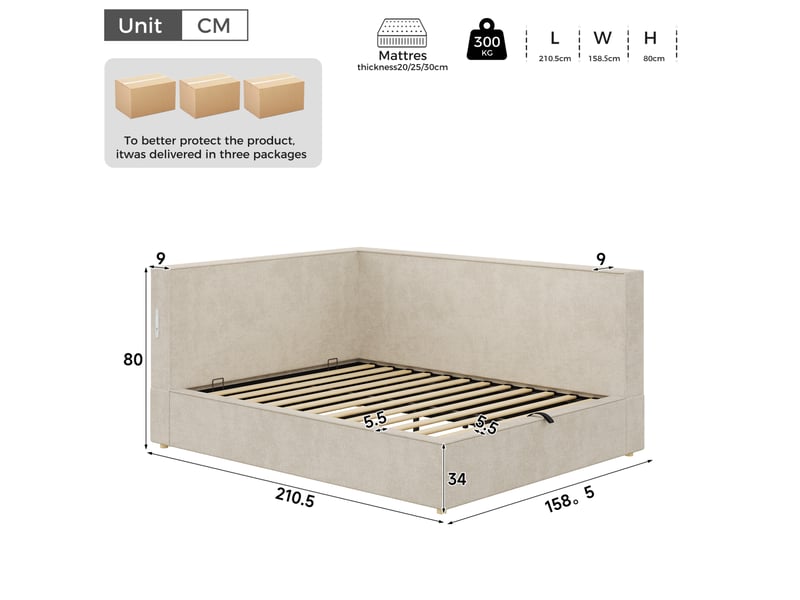  Lit coffre 140x190 cm, sommier inclus, rangement hydraulique, led, usb et usb-c, chenille beige, sans matelas  - Conforama C