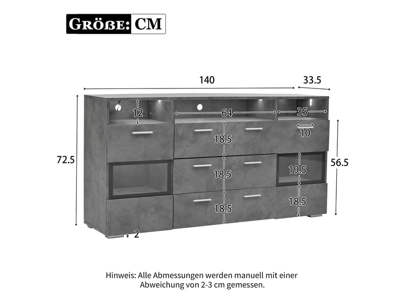 Buffet moderne 140x33,5x72,5 cm avec éclairage led, 2 portes en acrylique transparent et 3 tiroirs - couleur grise  - Conforama C