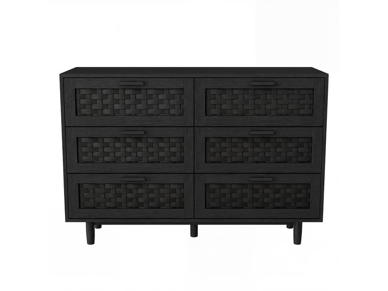 Commode 6 tiroirs - 115x40x80cm - meuble de rangement effet rotin tressé & pieds en bois - noir - Conforama A