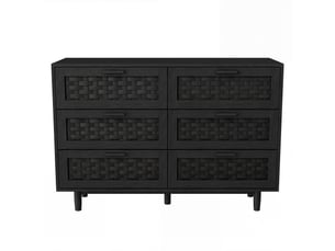 Commode 6 tiroirs - 115x40x80cm - meuble de rangement effet rotin tressé & pieds en bois - noir