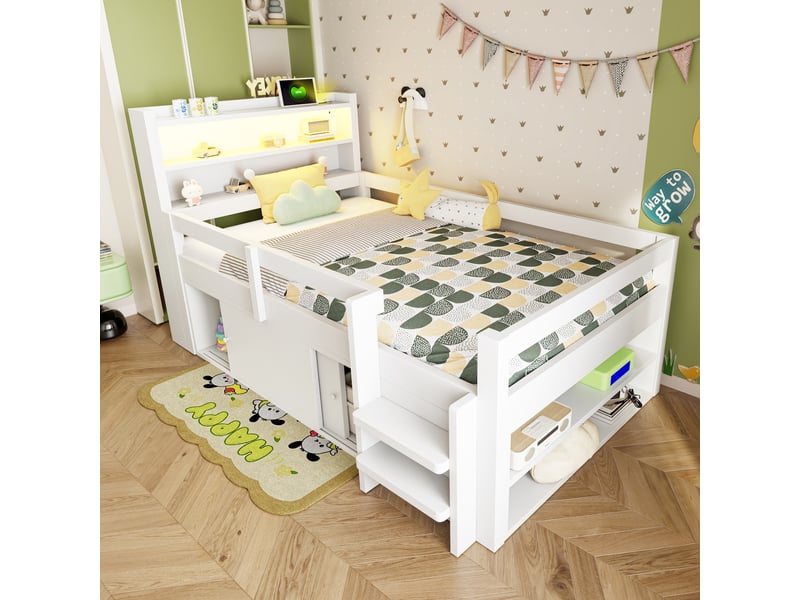 Lit simple enfant 90x200 cm avec surfaces de rangement, niches, armoires coulissantes, éclairage led et charge usb, lit multifonction, bois, blanc OMNIGLINT TRADING LTD - Conforama B