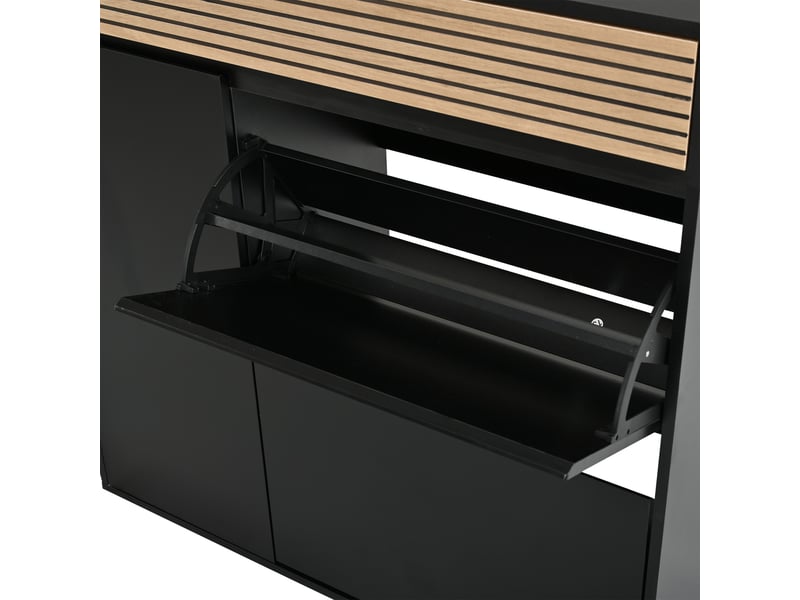  Meuble à chaussures étroit 100x35x105 cm avec tiroir et portes abattantes mdf noir + bois naturel  - Conforama D