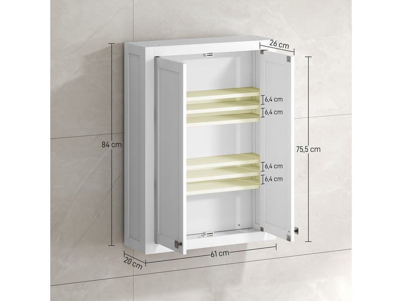  Armoire murale de salle de bain 3 niveaux, meuble de rangement suspendu  2 portes étagère réglable 61 x 20 x 84 cm blanc  - Conforama C