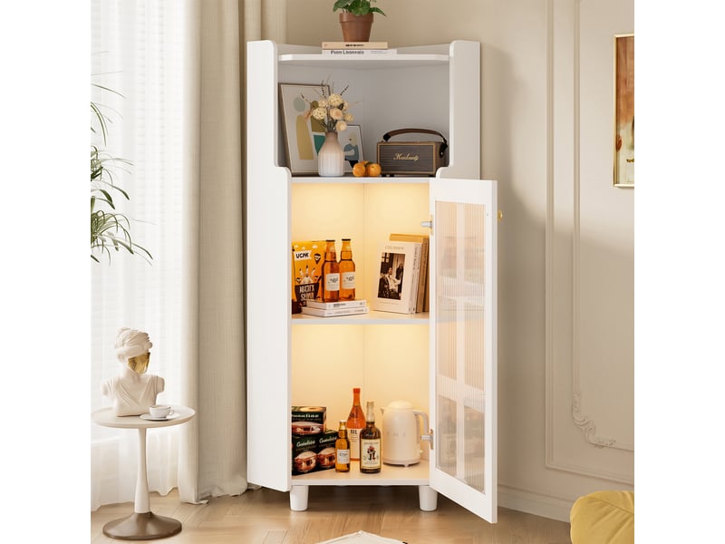  Meuble d'angle avec led - 63.5x124cm - armoire de coin autoportante avec porte en verre flûté et rangement en bois mdf - blanc  - Conforama C