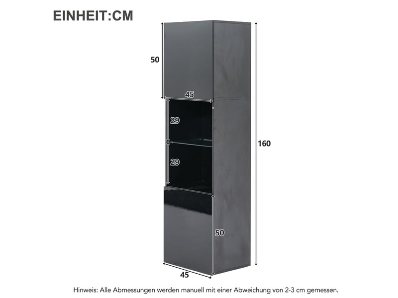  Vitrine brillant h-160cm en panneaux de particules avec lumière led,2 portes,2 niches et étagère en verre,noir vitrine noir - Conforama C