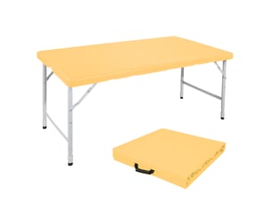 Table pliante portable 125x61 cm – jaune clair – hauteur réglable 58-74 cm avec poignée de transport