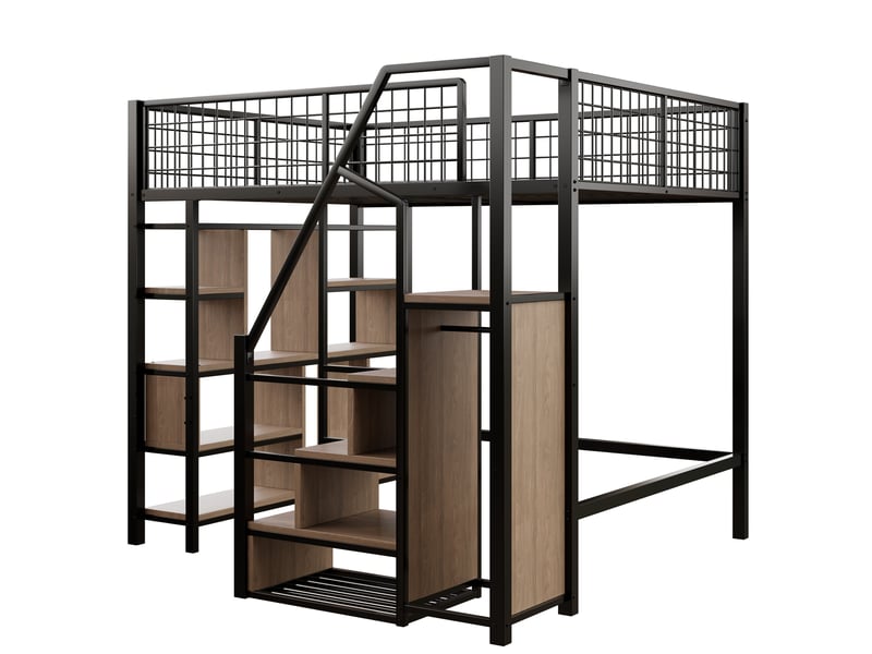  Lit mezzanine noir 140x200cm avec escalier rangement, étagères, sécurité renforcée, gain de place - fer et mdf - pour enfant ado  - Conforama D