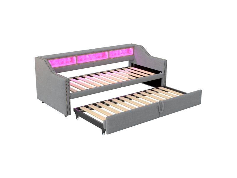 Lit enfant gigogne 90 x 200 cm, rangement latéral led et prise usb, sommier à lattes, tissu lin, gris clair sans matelas - Conforama E