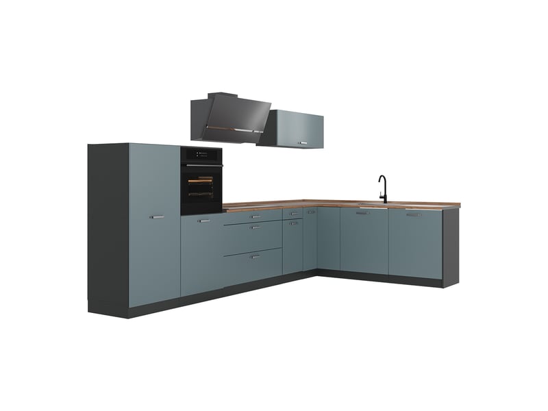  Vicco cuisine en angle, bleu-grisanthracite, 347 x cm plan de travail chêne doré  - Conforama A