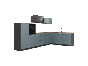 Vicco cuisine en angle, bleu-grisanthracite, 347 x cm plan de travail chêne doré