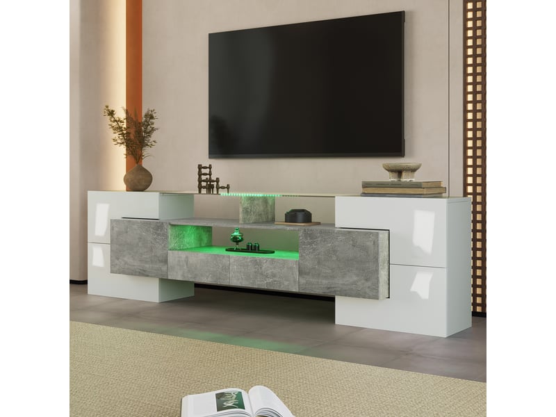 Meuble tv 200 cm blanc brillant et béton avec led multicolore - Conforama E