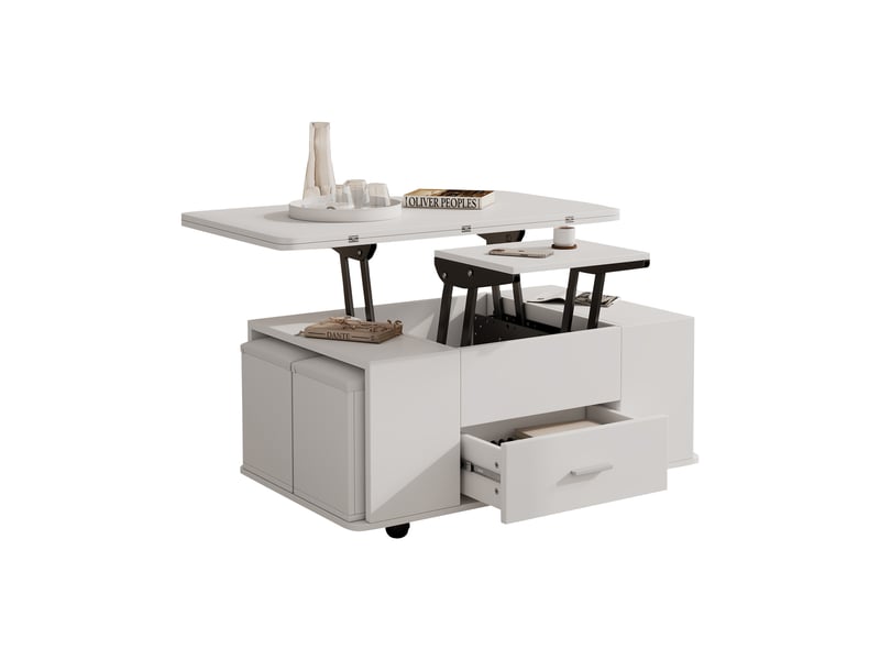  Table basse relevable et extensible blanche avec 4 poufs 100x50cm  - Conforama A