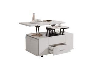 Table basse relevable et extensible blanche avec 4 poufs 100x50cm