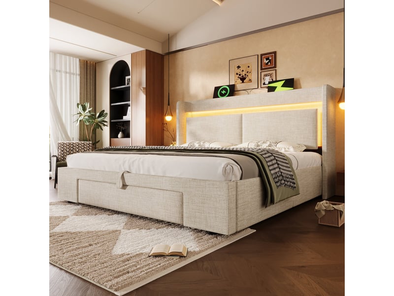  Lit coffre 180x200 cm, rangement hydraulique, tiroirs, tête de lit avec rangement, éclairage led, usb et usb-c pour chambre - beige  - Conforama E
