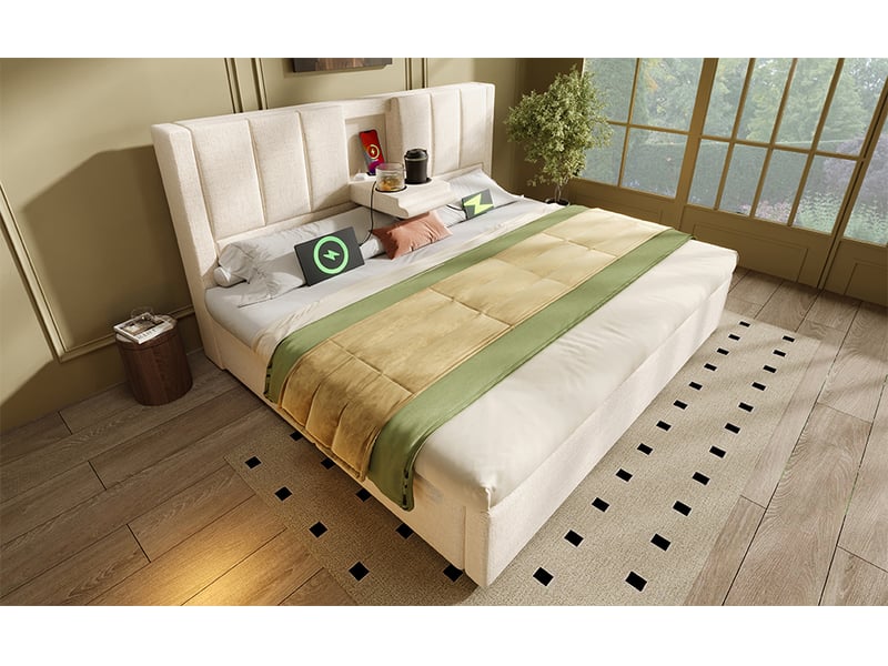  Lit coffre 140x200 cm tissu lin – rangement hydraulique, ports usb, porte-gobelet, sommier et matelas inclus  - Conforama C