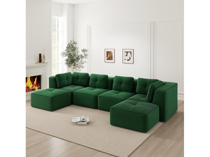  Canapé d'angle modulable en u 4 places vert en velours côtelé  - Conforama D