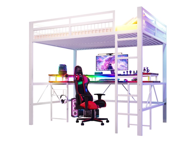 Lit mezzanine 140x200 cm en métal avec bureau, led multicolore et prises, blanc - Conforama A