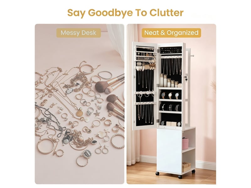  Armoire à bijoux blanche sur pied avec miroir pleine hauteur et éclairage led  - Conforama D