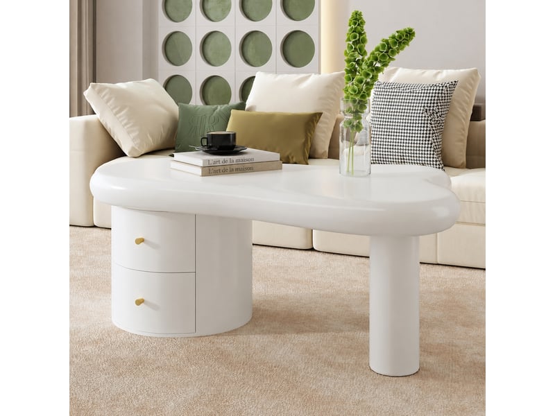  Table basse organique blanche en mdf avec 2 tiroirs, 97 x 64 x 42 cm  - Conforama B