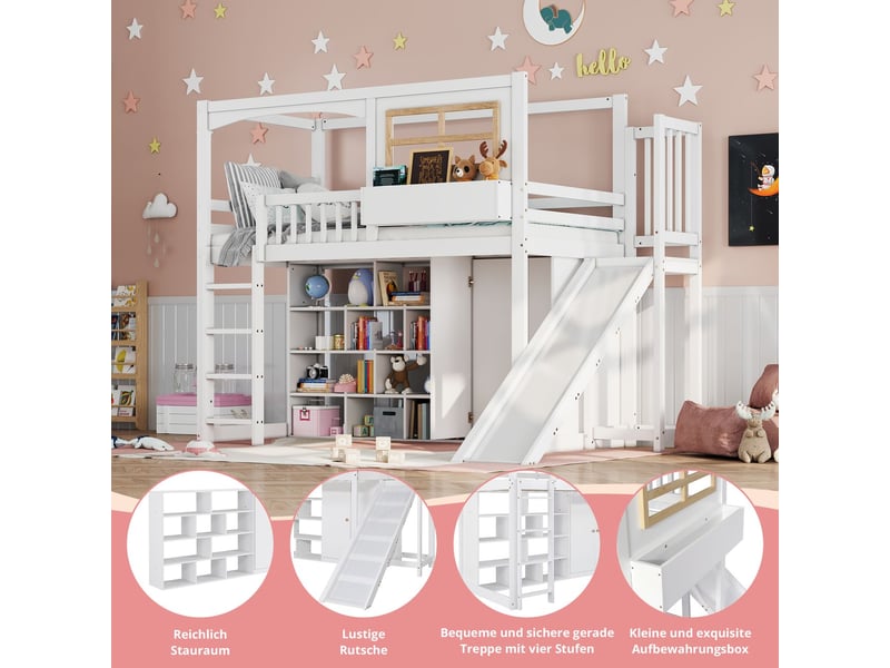  Lit superposé 90x200cm - avec toboggan et armoire - lit superposé enfant - pin massif blanc, barrière sécurité, échelle 4 marches  - Conforama E
