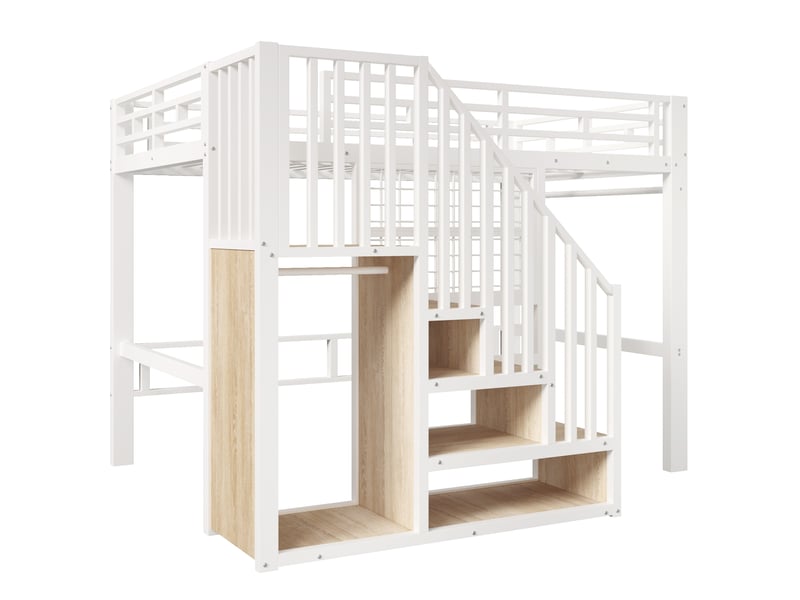  Lit mezzanine 140x200 cm en métal blanc avec escalier rangement, grille et led  - Conforama E