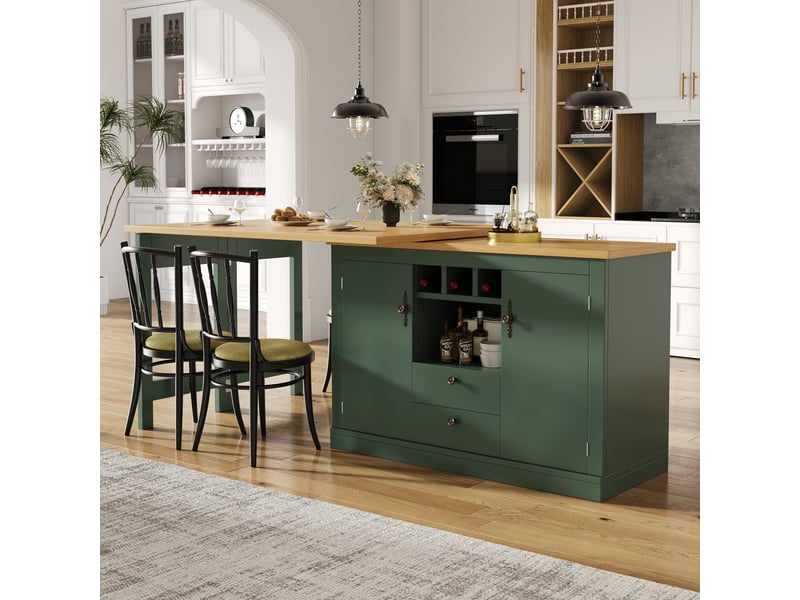  Meuble de cuisine muvano extensible et pivotant, buffet vert antique avec rangement, longueur 120 à 180 cm  - Conforama C