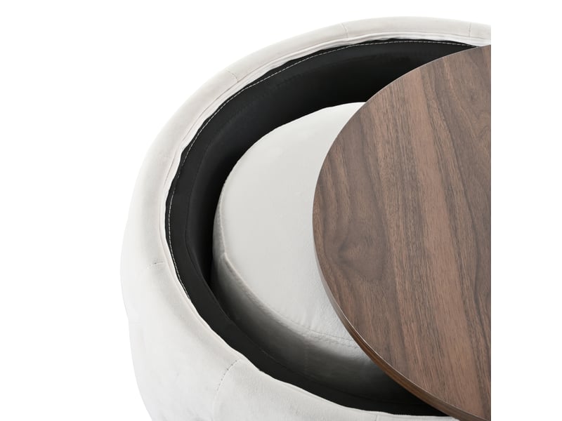  Lot de 2 poufs ronds gigognes 60x38 cm + 37x32 cm, rangement intégré, plateau amovible, sans montage, velours et bois, beige  - Conforama E