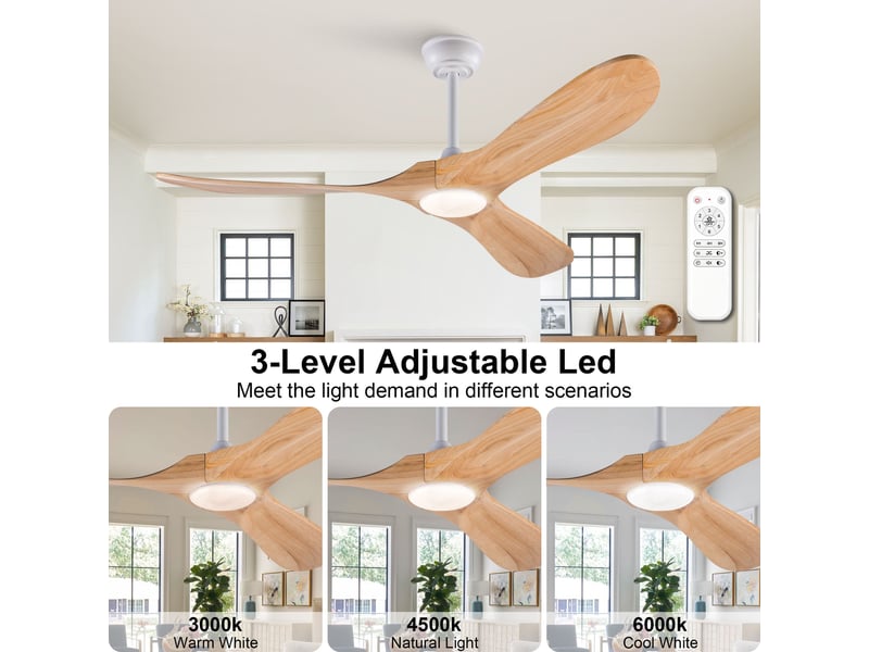 Ventilateur de plafond 132 cm éclairage led 3 couleurs dimmable 3 pales bois massif naturel et blanc réversible 6 vitesses - Conforama C