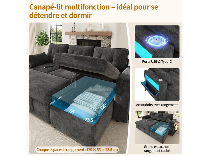 Canapé d'angle modulable - forme l - convertible - rangements intégrés - éclairage led - usb et type-c - tissu chenille - gris CozyNest - Conforama E