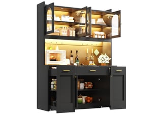 Buffet de cuisine haut 120 cm avec éclairage rgb led, 3 vitrines en verre, tiroirs et étagères coulissantes