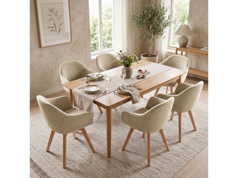Lot de 6 chaises de salle à manger pivotantes à 360° – tissu effet lin respirant, pieds en bois massif - gris beige - Conforama A