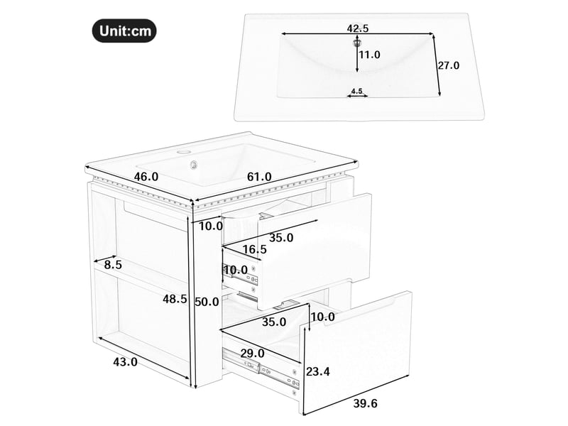  Meuble de salle de bain suspendu 61x46x50cm avec led, vasque, armoire de rangement, style moderne et simple, mdf blanc  - Conforama C