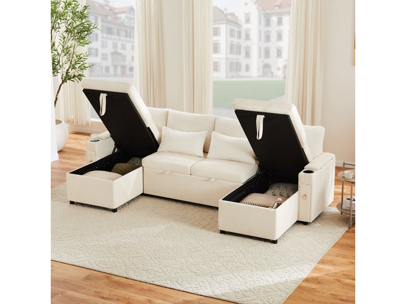 Canapé d'angle, canapé convertible, 4 places, beige, porte-gobelets, pour salon, mobilier pour espace de vie, appartement - Conforama D