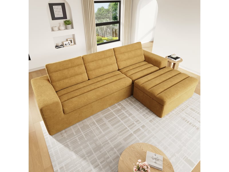  Canapé d'angle modulable 4 places en chenille orange avec pouf  - Conforama E