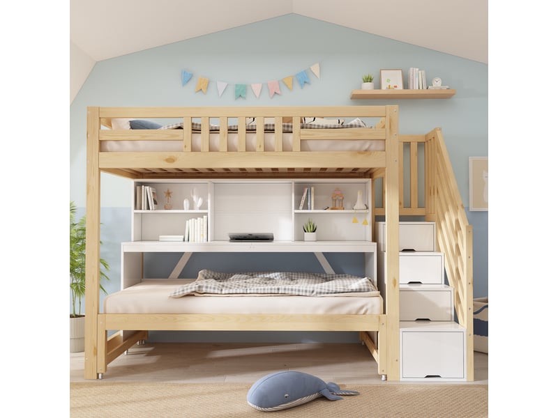  Lit superposé enfant 90x200 cm avec lit gigogne 90x190 cm, bureau intégré, escalier avec rangements et étagères, structure en bois - blanc et chêne  - Conforama B