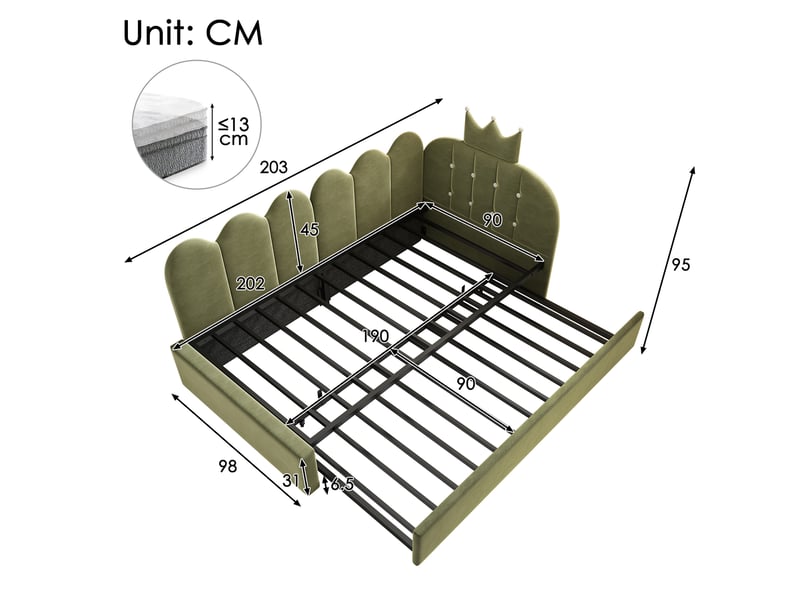 Canapé-lit pour enfant 90 × 200 cm, avec lit coulissant, forme en l, velours, vert - Conforama C