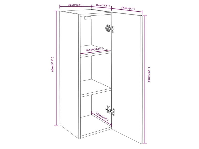  Lot de 4 meubles tv suspendus avec espace de rangement moderne 30,5 x 30 x 90 cm en bois d'ingénierie chêne fumé 02_0055241  - Conforama D