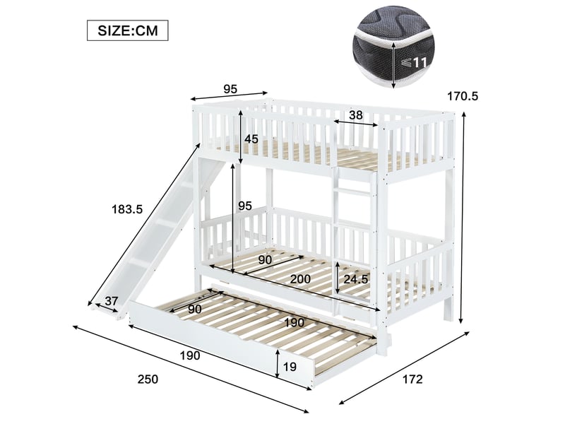  Modenvie lit superposé enfant 90x20090x190 cm - avec lit gigogne, toboggan et étagères - blanc  - Conforama C
