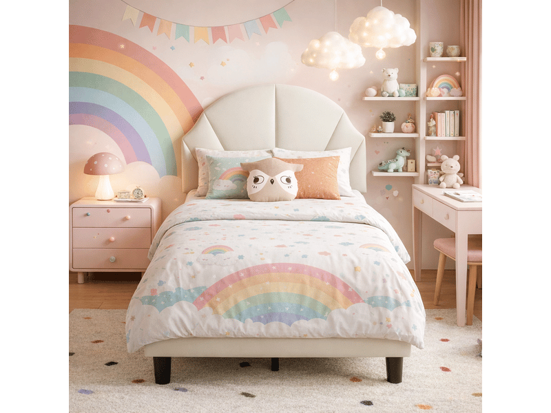  Lit rembourré 90x200 cm avec sommier à lattes, lit enfant avec tête de lit réglable, nuage, lit simple - lit simple enfant 90x200 cm - tête de lit réglable en hauteur - 1 personne  - lit fille 90x200 - cadre de lit enfant - velo…  - Conforama B