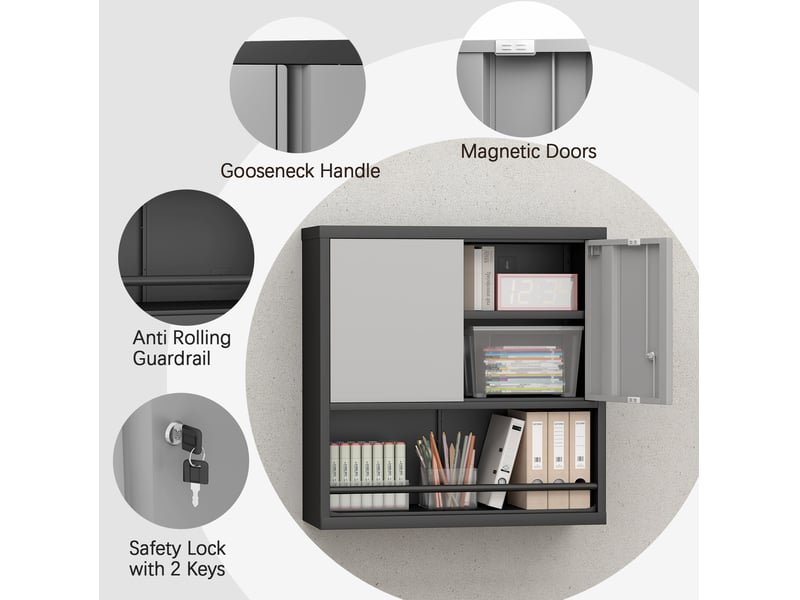  Armoire de rangement murale 76,2 x 30,5 x 78 cm noir et blanc en métal, 2 portes verrouillables, étagères réglables  - Conforama E