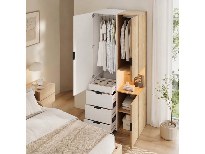 Vestiaire d'entrée avec miroir et led, armoire penderie 200 cm, 4 tiroirs, chêne anthracite - Conforama C