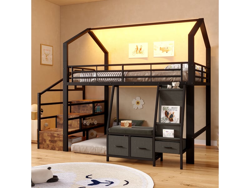  Lit mezzanine 1440 x 200 cm – avec étagère de rangement en tissu – avec 3 tiroirs – avec échelle – avec éclairage led – noir (matelas non inclus)  - Conforama E