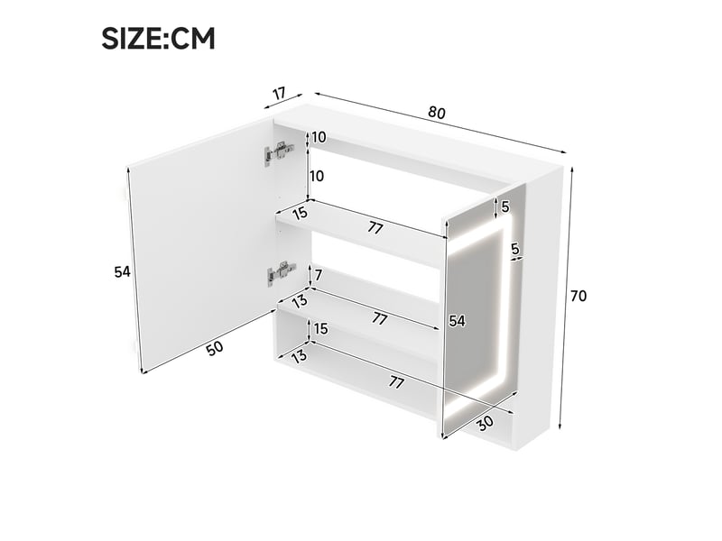  Miroir mural 80x17x70cm, finition blanche en mdf, armoire de toilette avec rangement, double porte et éclairage led antibuée  - Conforama C