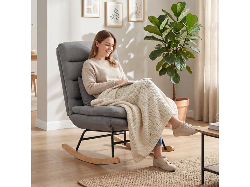  Fauteuil à bascule gris clair avec dossier haut 74 cm et assise large 72 cm, revêtement aspect lin  - Conforama B