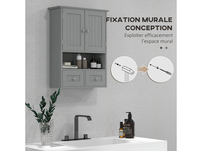  Armoire murale de salle de bain grise avec portes, étagère et 2 tiroirs  - Conforama W