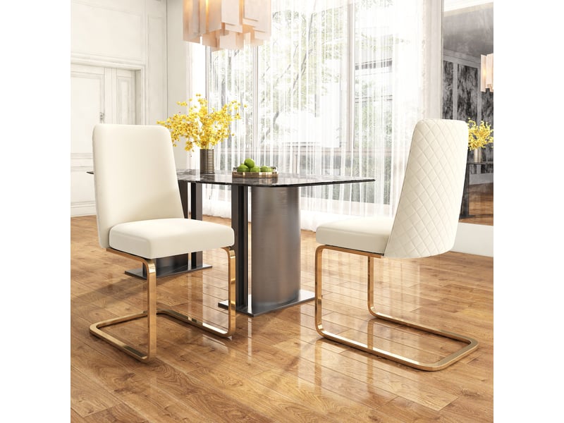  Chaise de salle à manger lot de 2 dossier matelassé  - pieds en métal doré velours - beige  - Conforama B