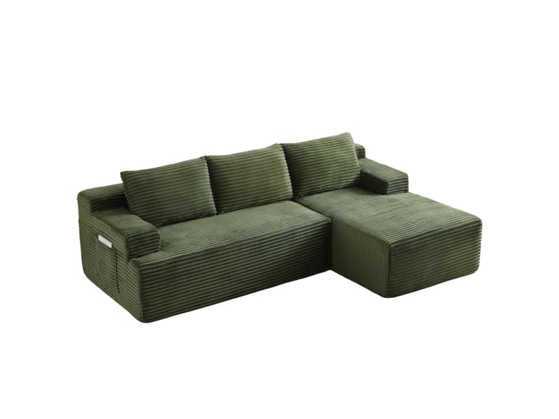  Canapé d'angle compressé en l 238x152x66 cm modulable 3 places, mousse et velours côtelé couleur vert, moderne  - Conforama A